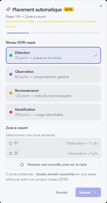 Étape 1 : choix du niveau DORI et des zones à couvrir